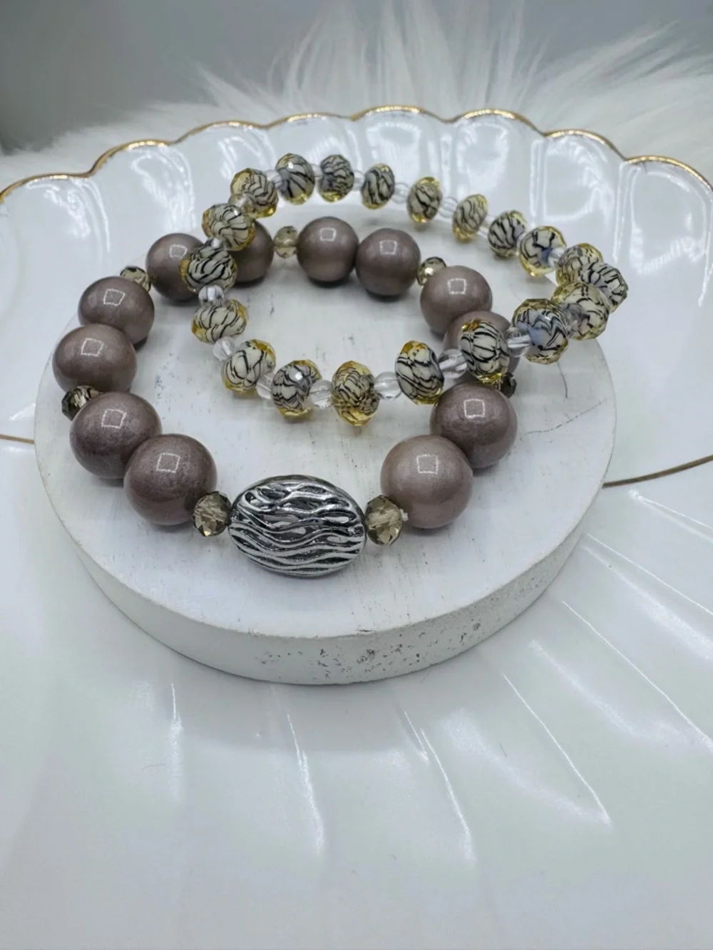 Boho Neutral Beaded Bracelet Set | Stretch Stack | Taupe Gold Glass Beads
